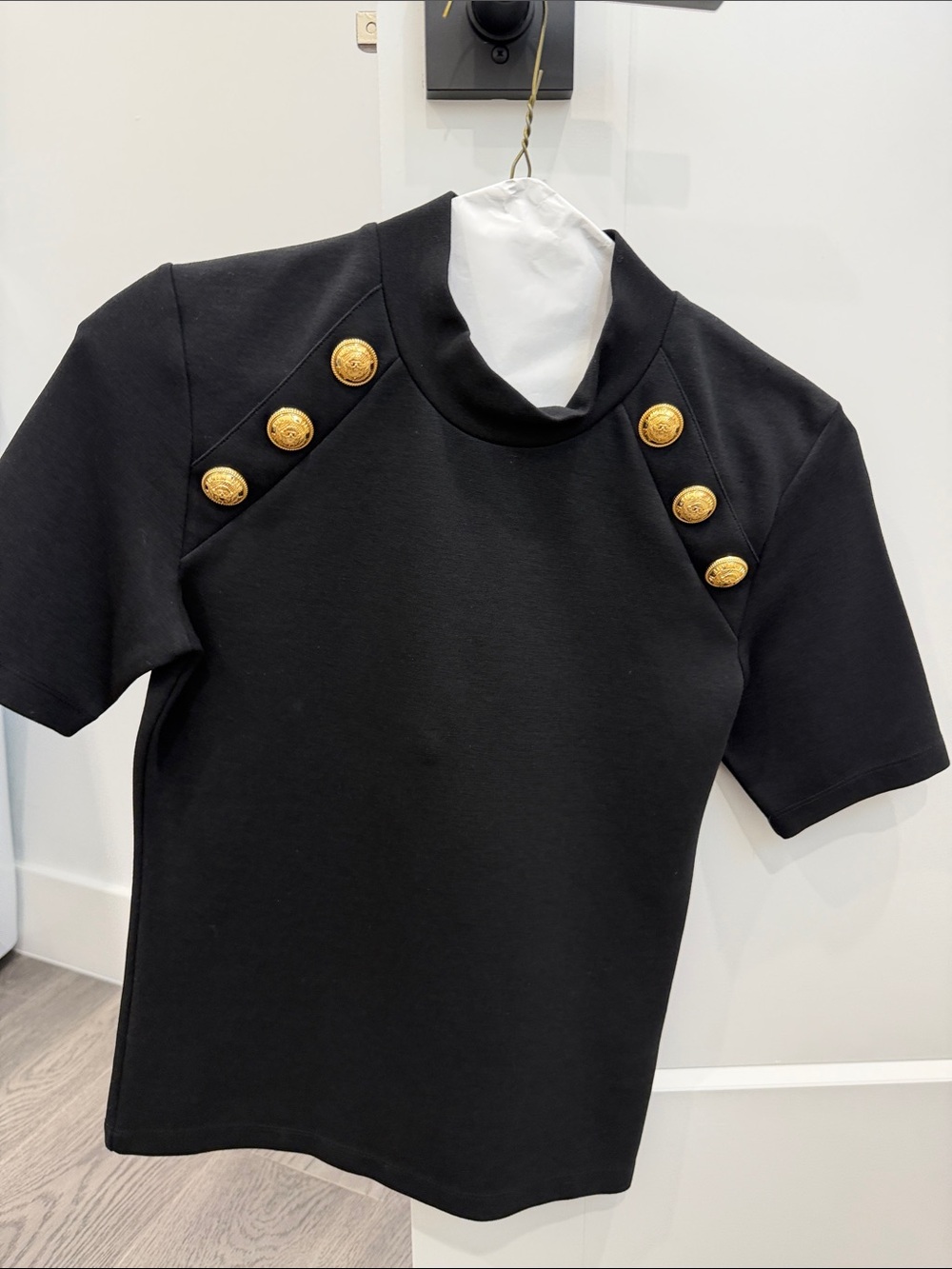 Balmain Black Short-Sleeve Top with Gold Buttons